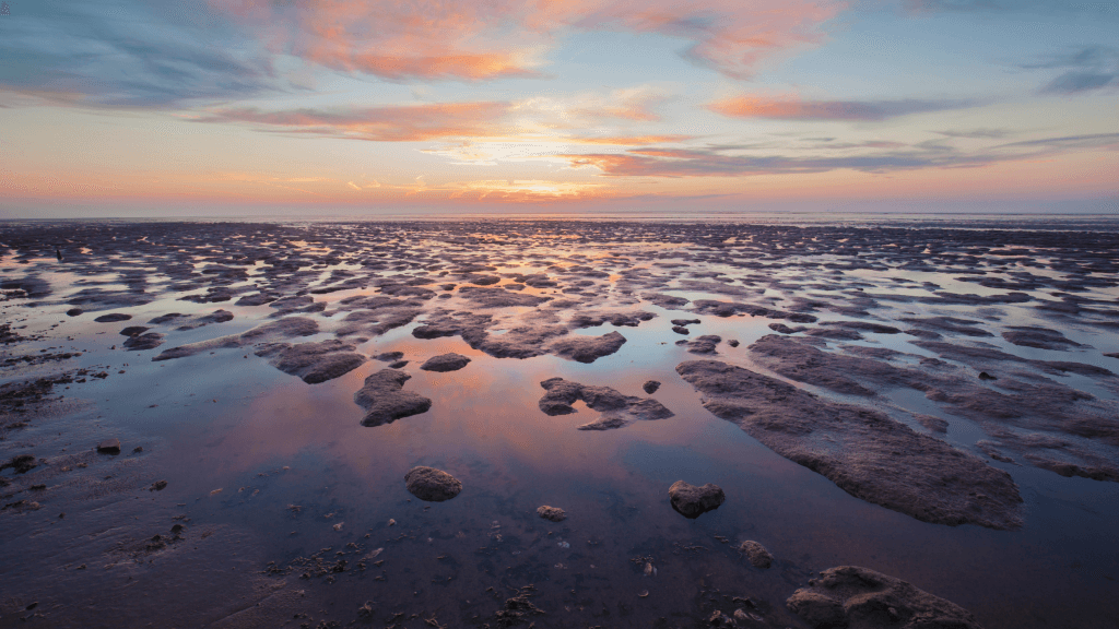Zonsondergang in het waddengebied.